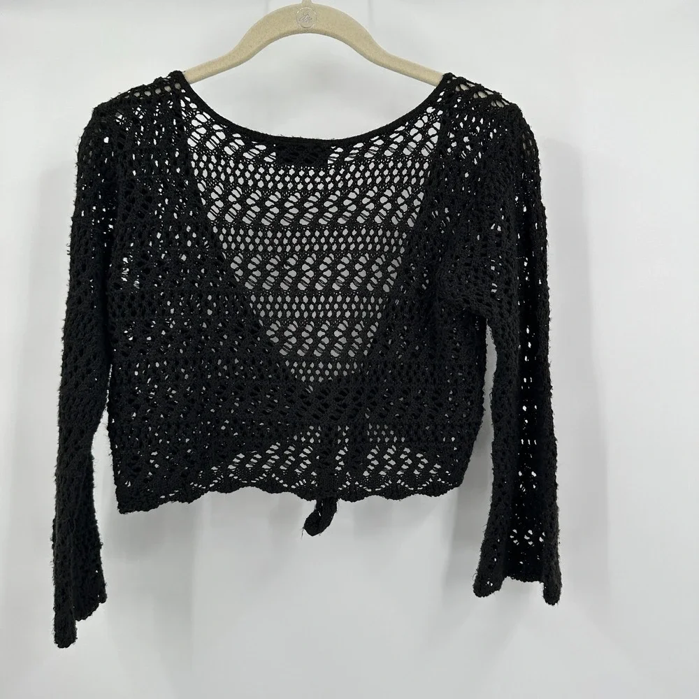 Womens Boho Crochet Open Knit Top Size M Black Sheer Festival Fairy Grunge Shrug